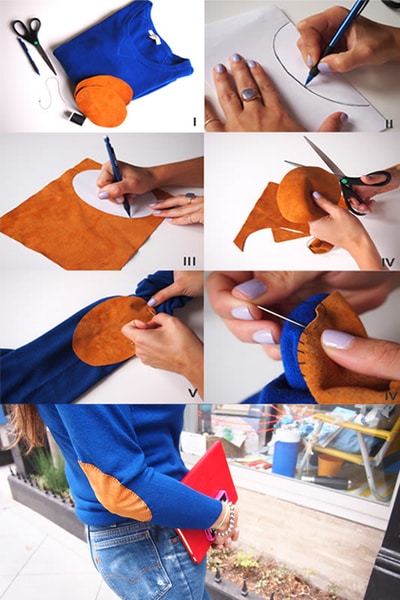 The procedure for adding sequin patches to the elbows of a sweater is illustrated