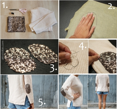 The procedure for adding suede patches to the elbows of a sweater is illustrated