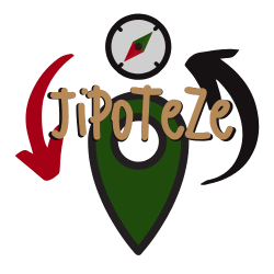 Jipoteze logo with a compass on a map marker and curved arrows on the side